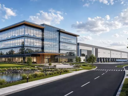 Architektur-Rendering einer modernen Firmenzentrale visualisiert LKQ Corporation, ISIN US5018892084, fĂĽhrenden Automobilzulieferer fĂĽr Ersatzteile - Foto: THN
