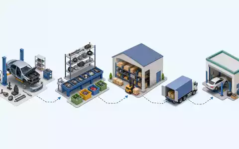 Isometrische 3D-Grafik zeigt Lieferkette der Branche für LKQ Corporation, ISIN US5018892084, aktiv als globaler Automobilzulieferer - Foto: THN