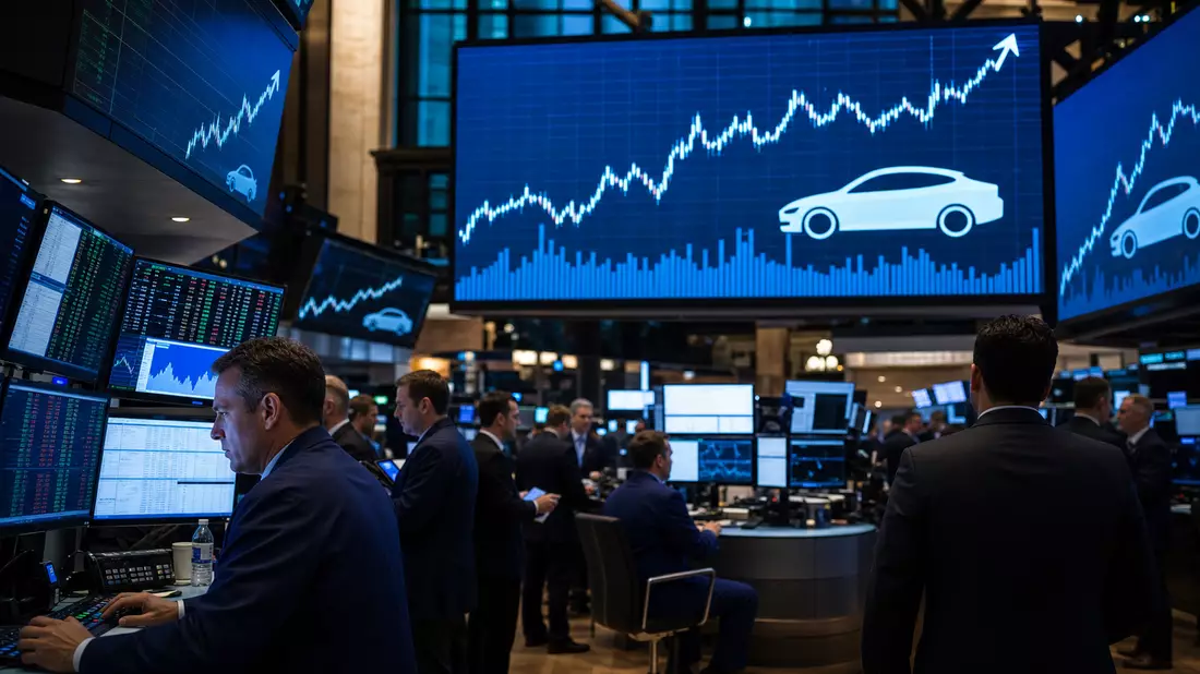 Börsen-Trading-Floor mit Charts und Fahrzeug-Icons auf großen Bildschirmen