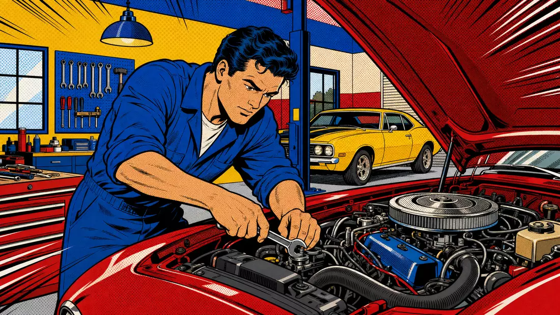 Pop-Art-Comic eines Mechanikers, der einen Motor in bunter Werkstatt repariert