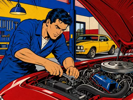 Pop-Art-Comic zeigt Mechaniker in Werkstatt passend zu LKQ Corporation, ISIN US5018892084, führender Automobilzulieferer weltweit - Foto: THN