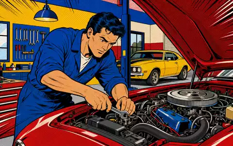 Pop-Art-Comic zeigt Mechaniker in Werkstatt passend zu LKQ Corporation, ISIN US5018892084, führender Automobilzulieferer weltweit - Foto: THN