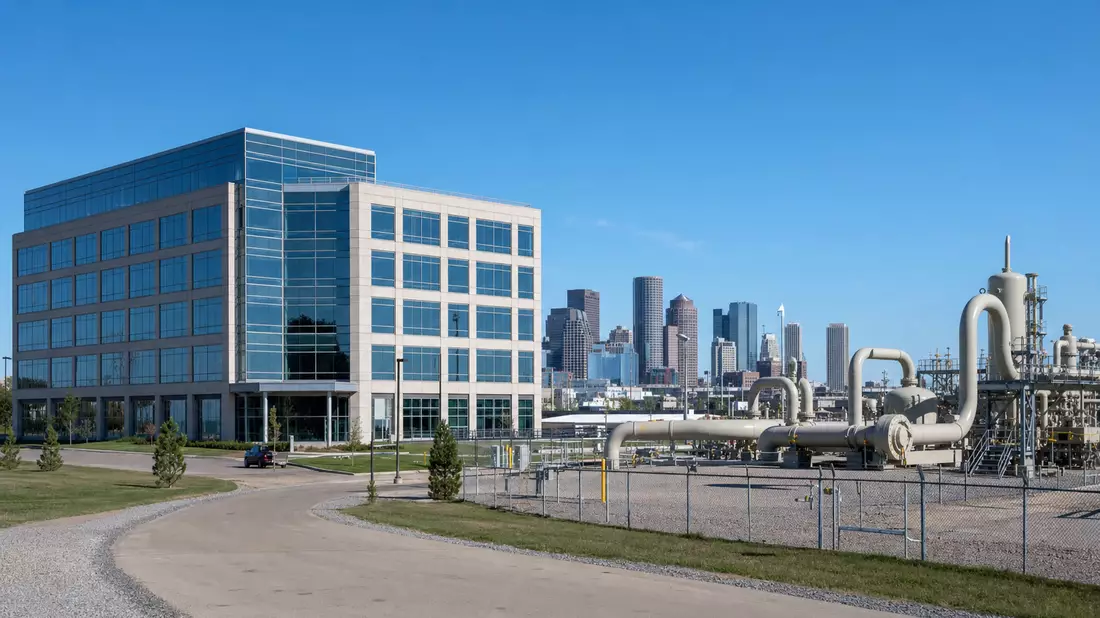 Bürogebäude und Pipelineanlage vor Stadtskyline, fotorealistisch