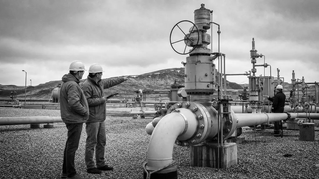 Schwarzweiß-Reportage: Techniker inspizieren Pipeline-Ventilstation im Freien