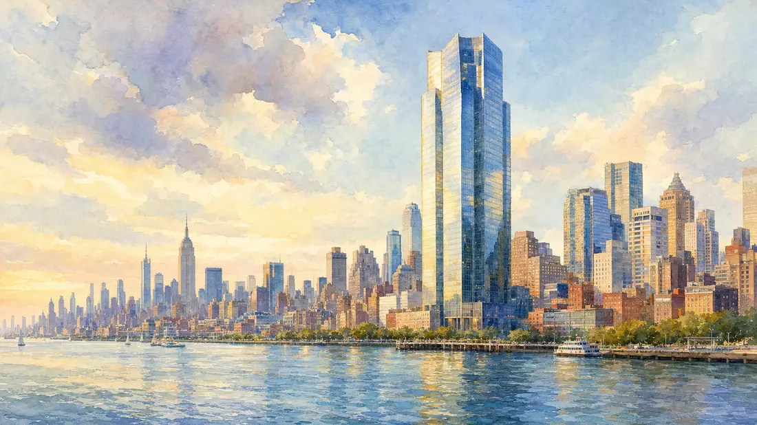 Aquarell-Gemälde der New Yorker Skyline mit Hochhaus am Ufer