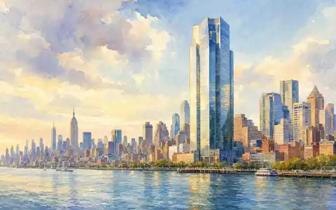 Loews Corporation US5404241031 präsentiert Aquarellgemälde einer New Yorker Skyline mit modernem Hochhaus am Wasser - Foto: THN
