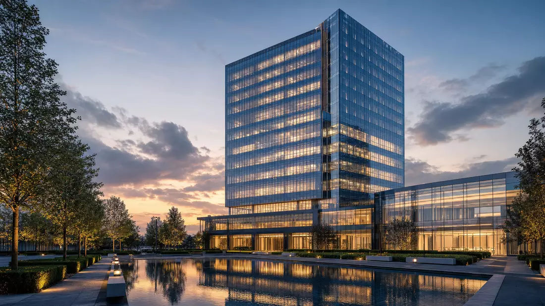 Architektur-Render eines modernen Glas-Bürohochhauses mit Wasserbecken