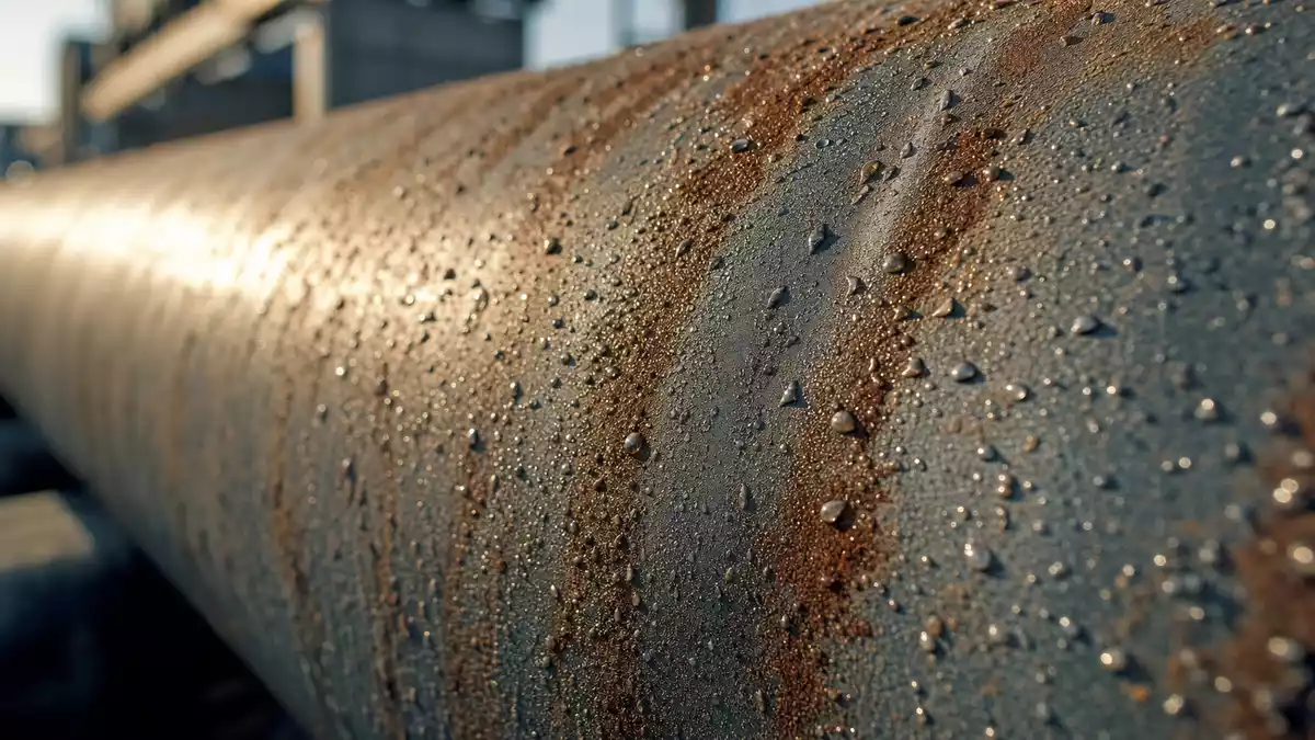 Makroaufnahme einer verwitterten Stahl-Pipelineoberfläche mit Wassertropfen