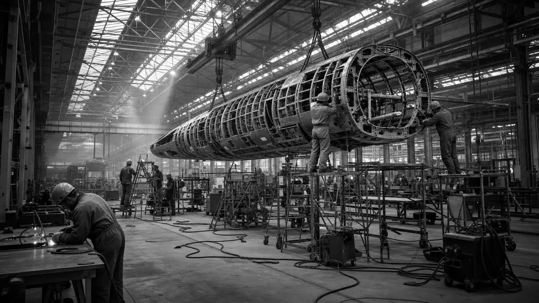 Dokumentarische Schwarzweißaufnahme einer Flugzeugmontage in großer Fabrikhalle
