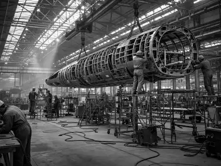 Schwarzweiß-Reportage aus einer Flugzeugfabrik von Lockheed Martin, ISIN US5398301094, Arbeiter montieren Rumpfstruktur - Foto: THN