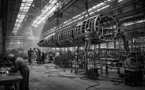 Schwarzweiß-Reportage aus einer Flugzeugfabrik von Lockheed Martin, ISIN US5398301094, Arbeiter montieren Rumpfstruktur - Foto: THN