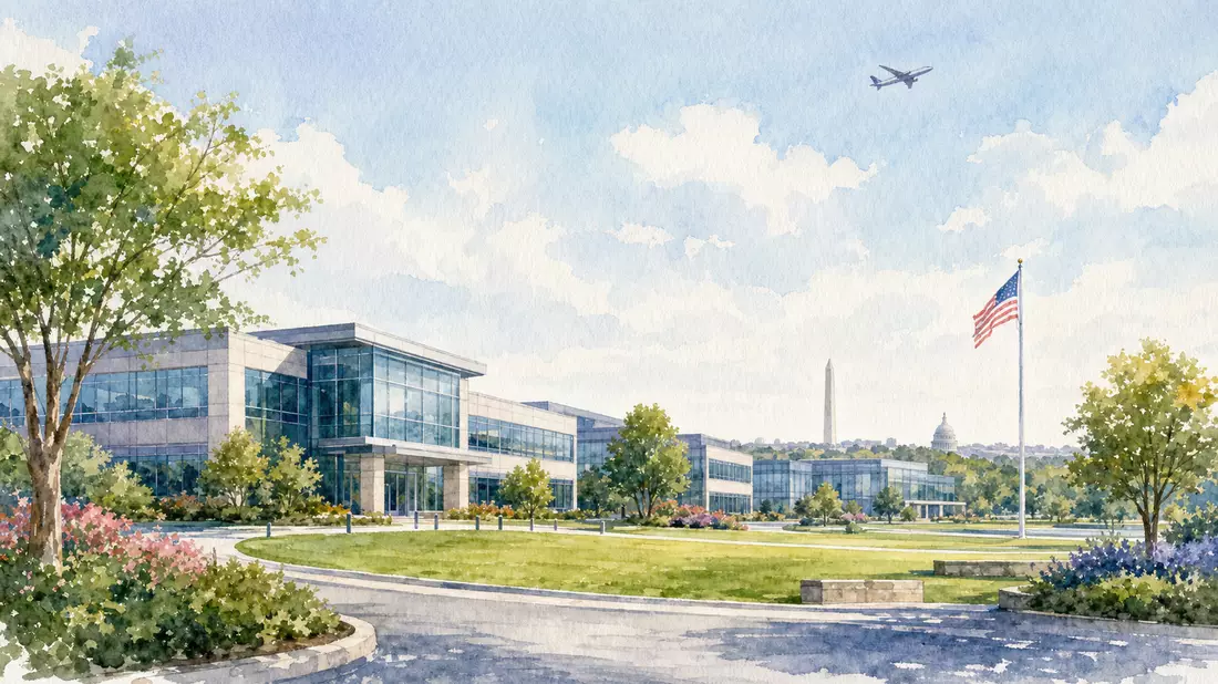 Aquarellillustration eines Bürocampus mit Rasenflächen und Flugzeug am Himmel