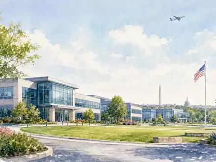 Aquarellmalerei des Firmensitzgeländes von Lockheed Martin, ISIN US5398301094, nahe Washington mit Flugzeugsilhouette - Foto: THN