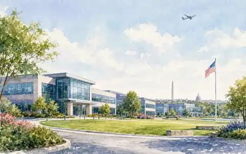 Aquarellmalerei des Firmensitzgeländes von Lockheed Martin, ISIN US5398301094, nahe Washington mit Flugzeugsilhouette - Foto: THN