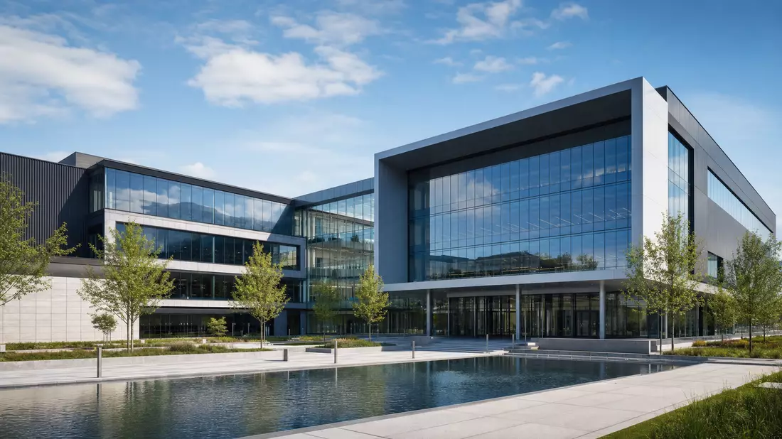 Modernes Glas- und Stahlgebäude mit Spiegelbecken und begrüntem Vorplatz