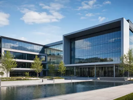 Architektur-Render eines modernen Forschungscampus für Lockheed Martin, ISIN US5398301094, mit Glasfassade und Wasserbecken - Foto: THN
