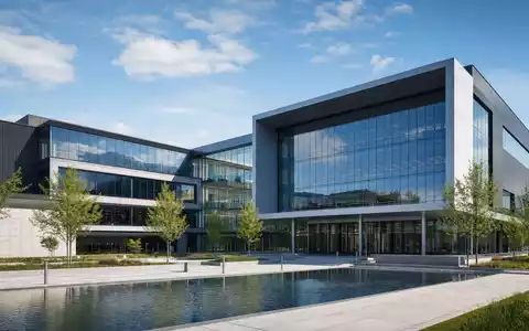 Architektur-Render eines modernen Forschungscampus für Lockheed Martin, ISIN US5398301094, mit Glasfassade und Wasserbecken - Foto: THN
