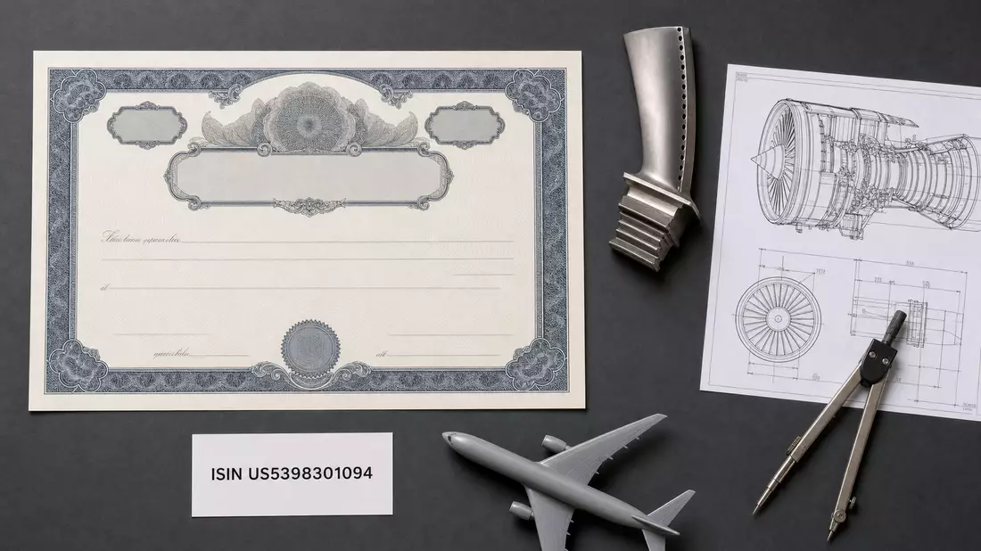 Flach fotografiertes Arrangement aus Zertifikat, ISIN-Karte, Turbinenteil und Blaupause
