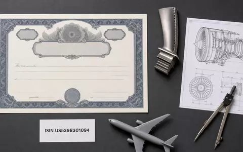 Flatlay-Arrangement für Lockheed Martin, ISIN US5398301094, zeigt Aktienzertifikat, ISIN-Karte, Turbinenschaufel und technische Blaupause - Foto: THN