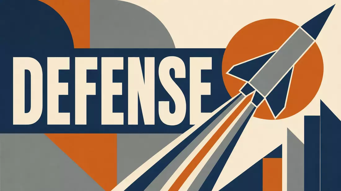 Geometrisches Retro-Poster mit stilisierter Rakete und großem Schriftzug DEFENSE