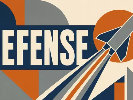 Bauhaus-Poster für Lockheed Martin, ISIN US5398301094, mit geometrischer Rakete und dem Wort DEFENSE - Foto: THN
