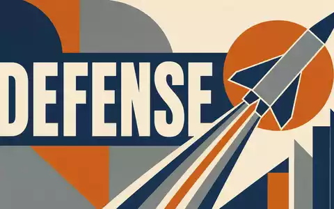 Bauhaus-Poster für Lockheed Martin, ISIN US5398301094, mit geometrischer Rakete und dem Wort DEFENSE - Foto: THN