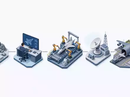 Isometrische 3D-Grafik der Wertschöpfungskette von Lockheed Martin, ISIN US5398301094, von Rohstoff bis Auslieferung - Foto: THN