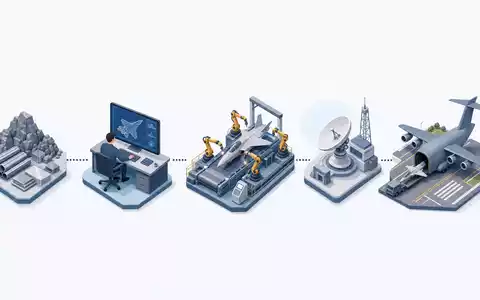 Isometrische 3D-Grafik der Wertschöpfungskette von Lockheed Martin, ISIN US5398301094, von Rohstoff bis Auslieferung - Foto: THN