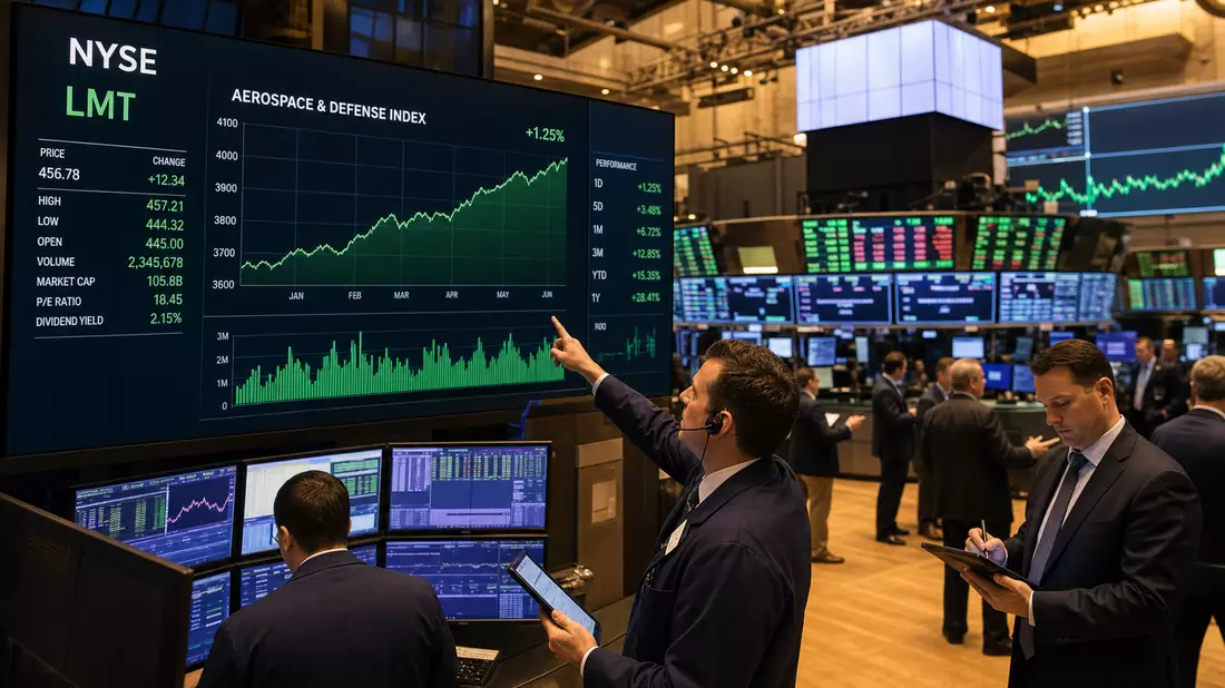 Trading-Floor mit Händlern und Bildschirmen zu Aerospace-Defense-Index und Ticker LMT