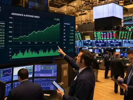 Börsen-Editorial zur NYSE-Notierung von Lockheed Martin, ISIN US5398301094, mit Händlern vor Kursbildschirmen - Foto: THN