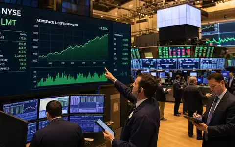 Börsen-Editorial zur NYSE-Notierung von Lockheed Martin, ISIN US5398301094, mit Händlern vor Kursbildschirmen - Foto: THN