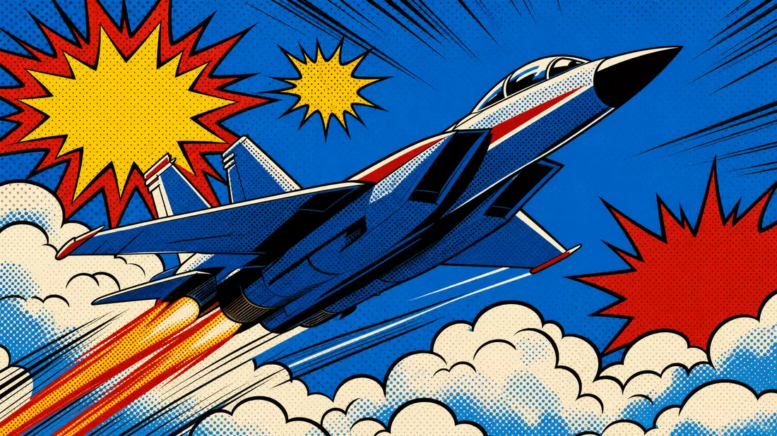 Buntes Comic-Bild eines fliegenden Jets mit Halbtonpunkten und Comic-Explosionen