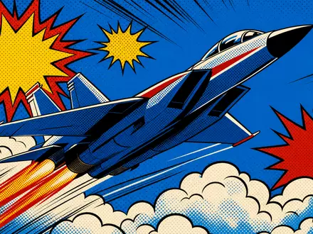 Pop-Art-Comic-Szene für Lockheed Martin, ISIN US5398301094, mit stilisiertem Kampfjet und bunten Explosionsformen - Foto: THN