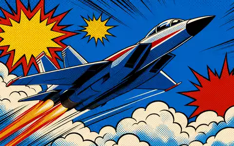 Pop-Art-Comic-Szene für Lockheed Martin, ISIN US5398301094, mit stilisiertem Kampfjet und bunten Explosionsformen - Foto: THN