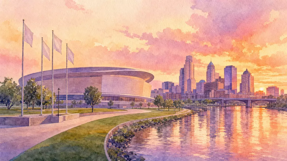 Aquarellmalerei einer Stadtskyline mit rundem Arenagebäude am Flussufer