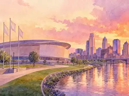 Live Nation Entertainment (ISIN US5380341090) betreibt Arenen in US-Städten, hier als stimmungsvolles Aquarellbild einer Skyline - Foto: THN