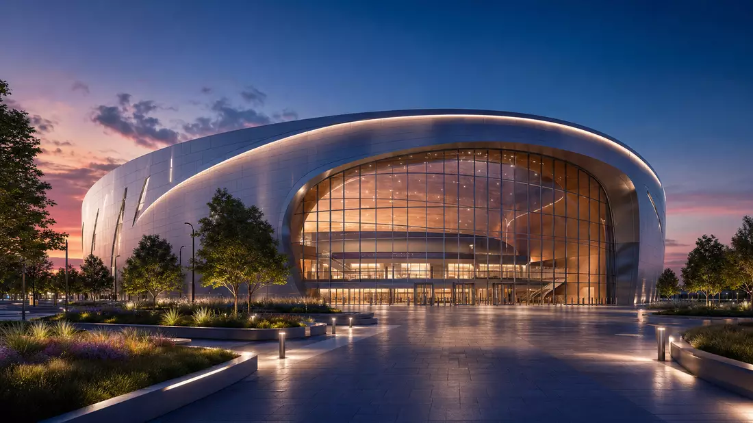 Architektur-Rendering einer modernen Entertainment-Arena bei Abenddämmerung