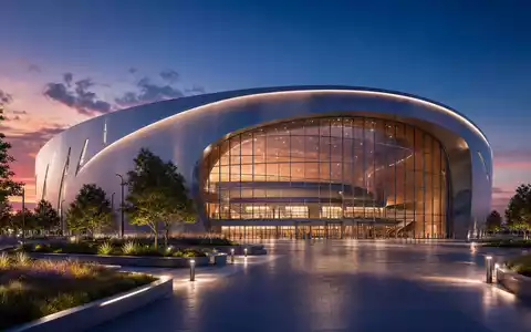 Live Nation Entertainment (ISIN US5380341090) errichtet moderne Veranstaltungsarenen, dargestellt als nächtliches Architektur-Rendering - Foto: THN