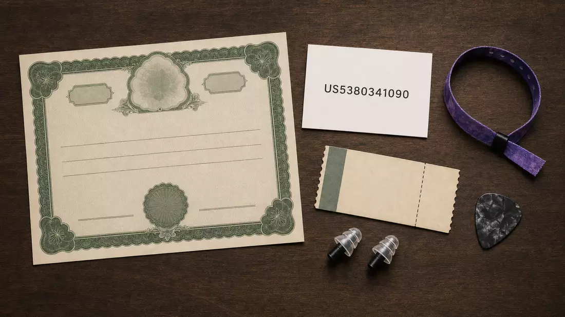 Flatlay mit Aktienzertifikat, ISIN-Karte, Ticket und Konzert-Zubehör
