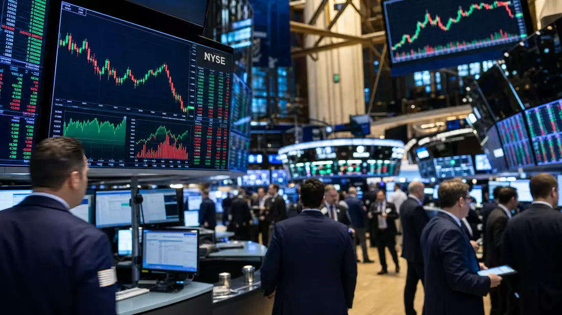 Trading-Floor der NYSE mit Kurscharts auf großen Bildschirmen
