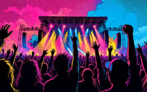 Live Nation Entertainment (ISIN US5380341090) veranstaltet Konzerte, dargestellt als farbenfrohe Pop-Art-Comic-Szene mit jubelndem Publikum - Foto: THN