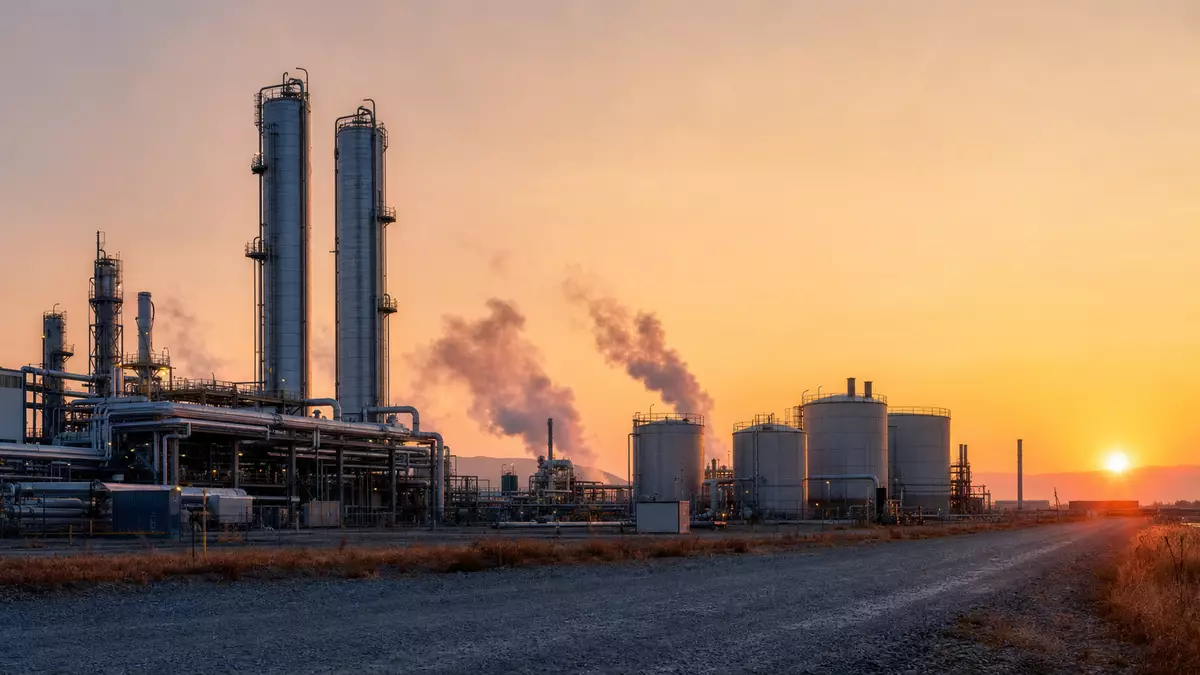 Industriegasanlage mit Tanks und Dampf bei Sonnenaufgang, Symbolbild für Linde plc