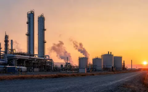 Fotorealistische Aufnahme einer Industriegas-Anlage bei Sonnenaufgang symbolisiert das Unternehmen Linde plc, ISIN IE000S9YS4E6, Chemiesektor heute - Foto: THN