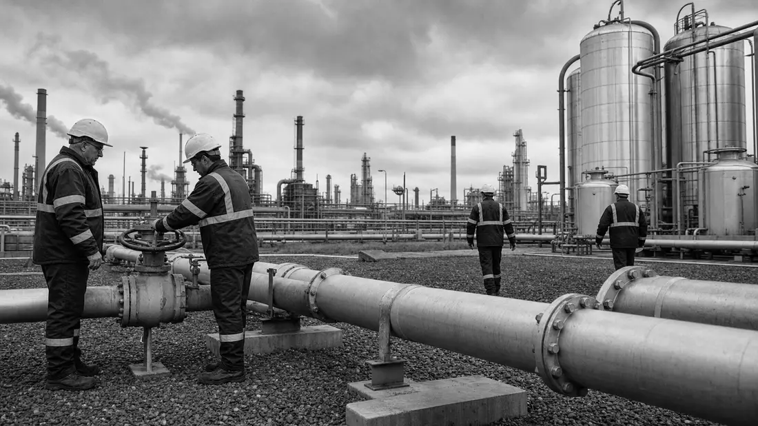 Schwarzweiß-Reportagefoto von Arbeitern an Pipelines einer Industrieanlage