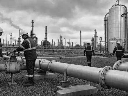Dokumentarische Schwarzweiß-Aufnahme von Arbeitern an Industrieanlage repräsentiert Linde plc, ISIN IE000S9YS4E6, im Chemiesektor heute - Foto: THN