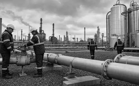 Dokumentarische Schwarzweiß-Aufnahme von Arbeitern an Industrieanlage repräsentiert Linde plc, ISIN IE000S9YS4E6, im Chemiesektor heute - Foto: THN
