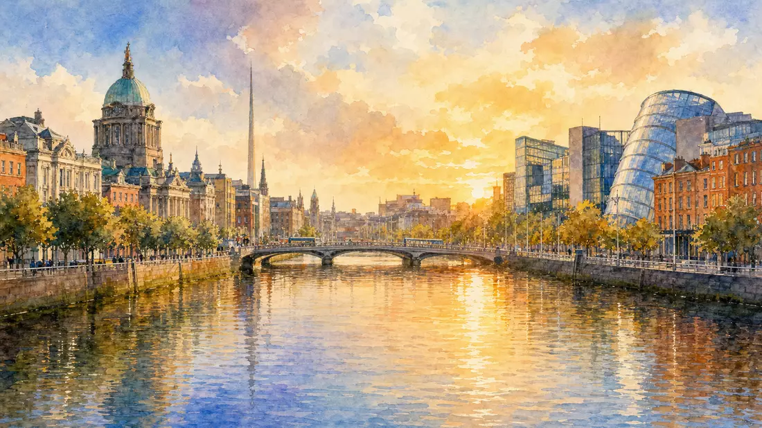 Aquarellbild der Skyline von Dublin am Fluss bei goldenem Licht