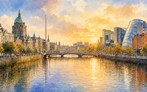 Aquarellmalerei der Dubliner Skyline am Fluss Liffey symbolisiert Linde plc, ISIN IE000S9YS4E6, Hauptsitzregion des Unternehmens - Foto: THN