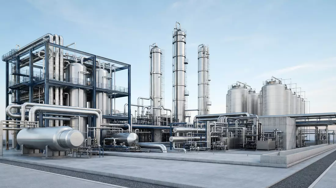 3D-Render einer sauberen modernen Industriegas-Produktionsanlage mit Rohrleitungen