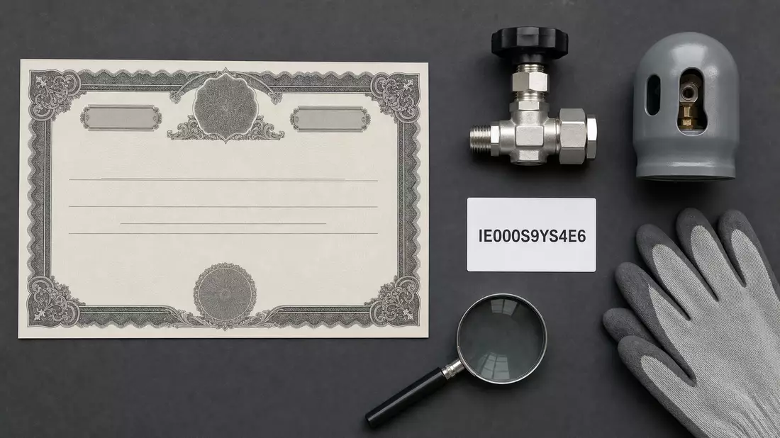 Flatlay mit Aktienzertifikat, ISIN-Karte und Industrieutensilien auf dunklem Untergrund